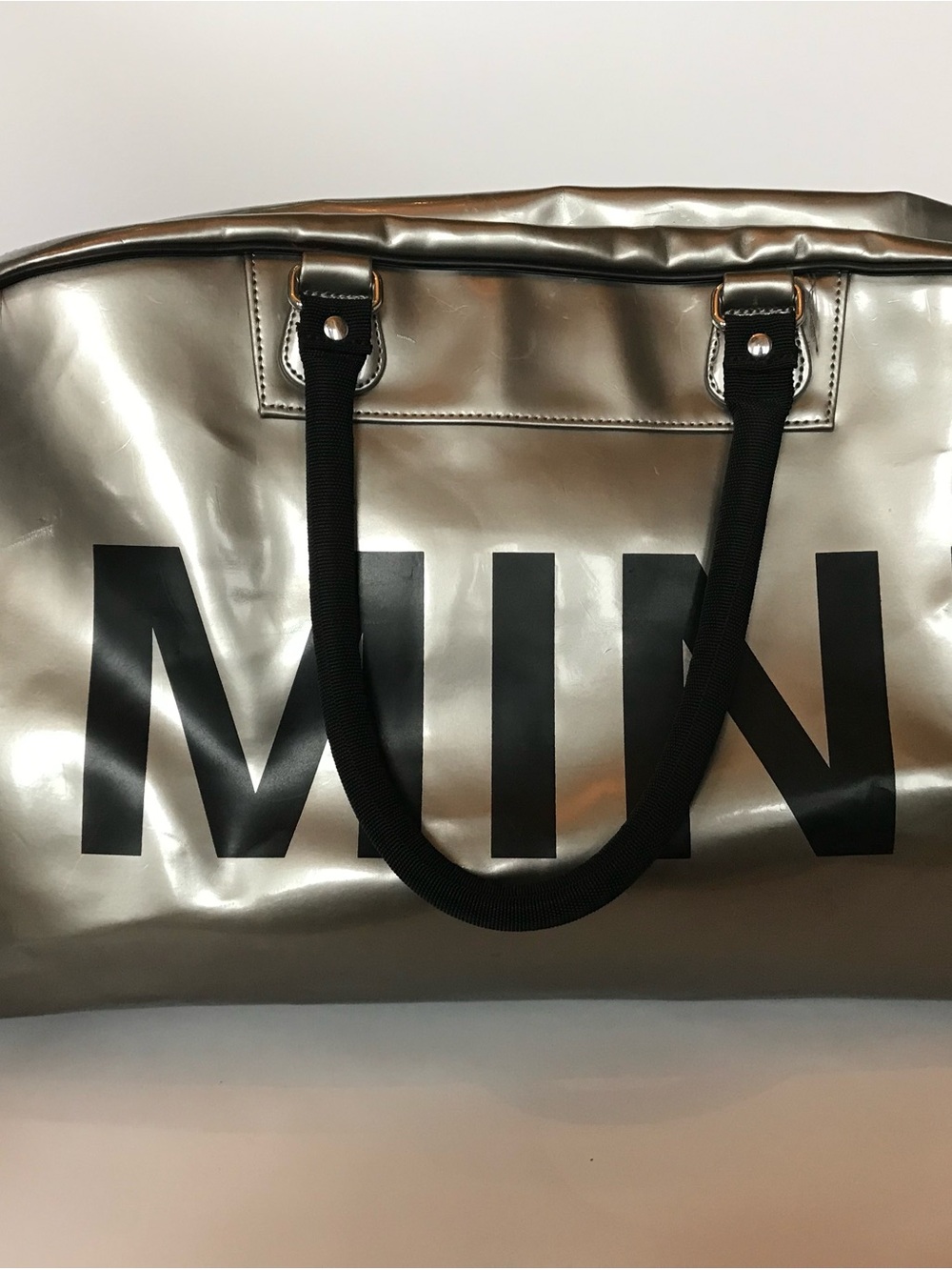 “Mini” Metallic Silver Weekend Tote Bag with Black Handles